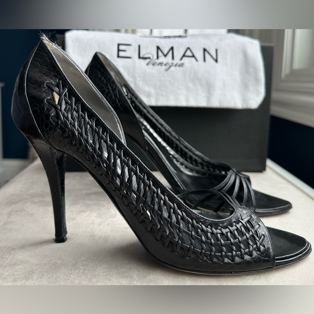 Vintage Elman Venezia Black Leather Woven Peep-Toe Heels size 8.5